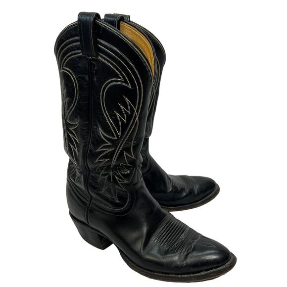 Vintage Tony Lama Boots Mens 9D Black White Stitching Cowhide #6238 Made in USA - Picture 1 of 9